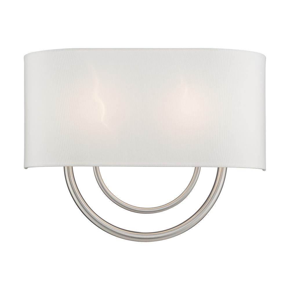 2 Light Brushed Nickel Large ADA Sconce with Hand Crafted Off-White Fabric Shade