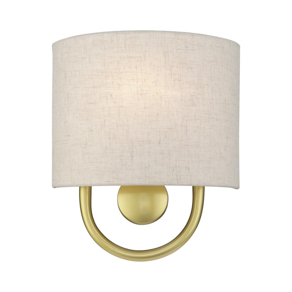 1 Light Soft Gold ADA Sconce with Hand Crafted Oatmeal Fabric Shade with White Fabric Inside