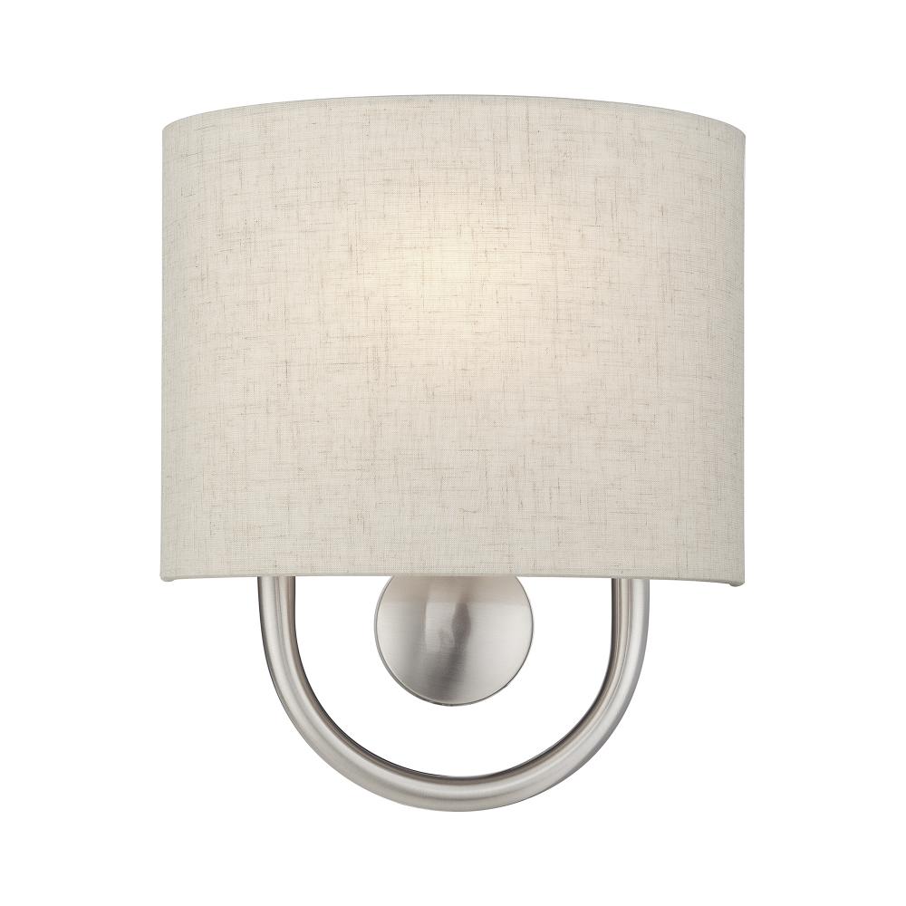 1 Light Brushed Nickel ADA Sconce with Hand Crafted Oatmeal Fabric Shade with White Fabric Inside