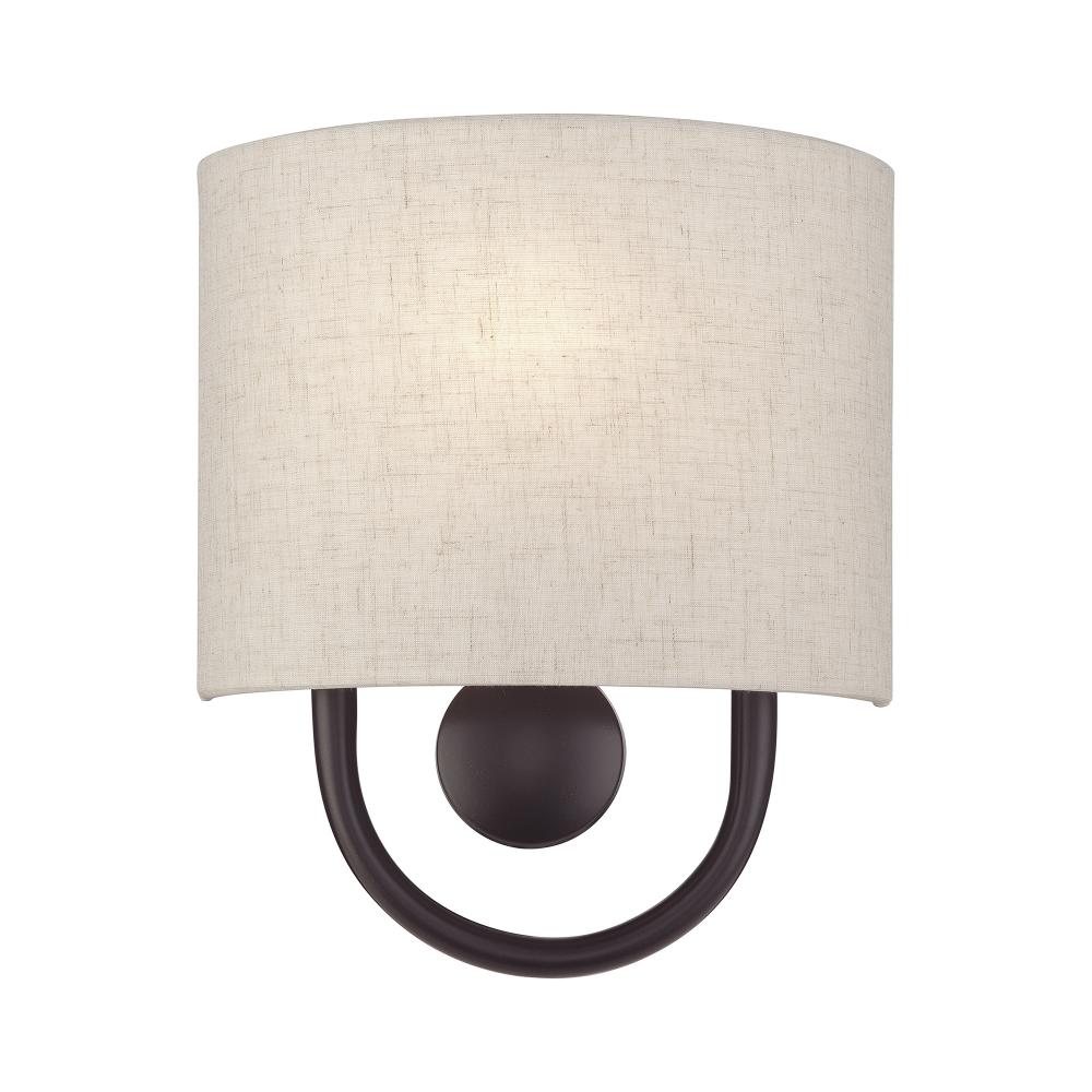 1 Light English Bronze ADA Sconce with Hand Crafted Oatmeal Fabric Shade with White Fabric Inside