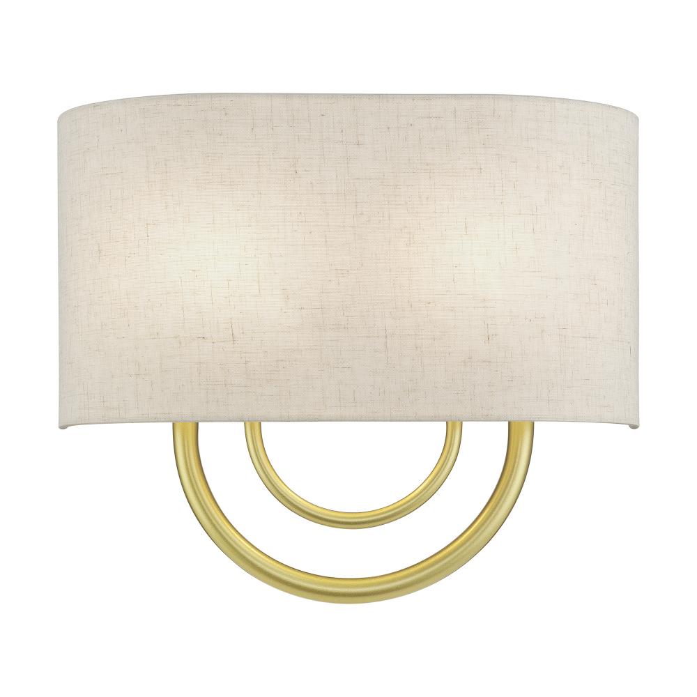 2 Light Soft Gold ADA Sconce with Hand Crafted Oatmeal Fabric Shade with White Fabric Inside