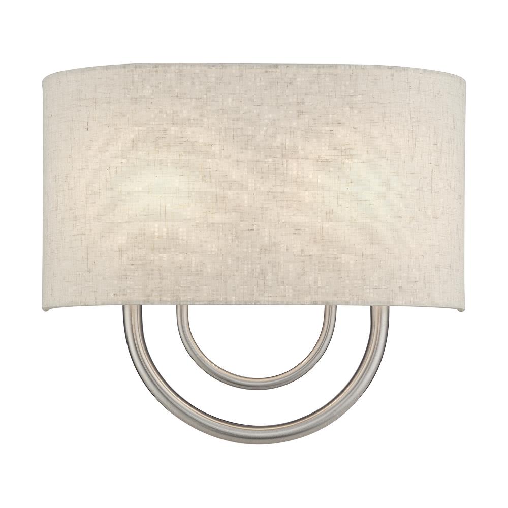 2 Light Brushed Nickel ADA Sconce with Hand Crafted Oatmeal Fabric Shade with White Fabric Inside