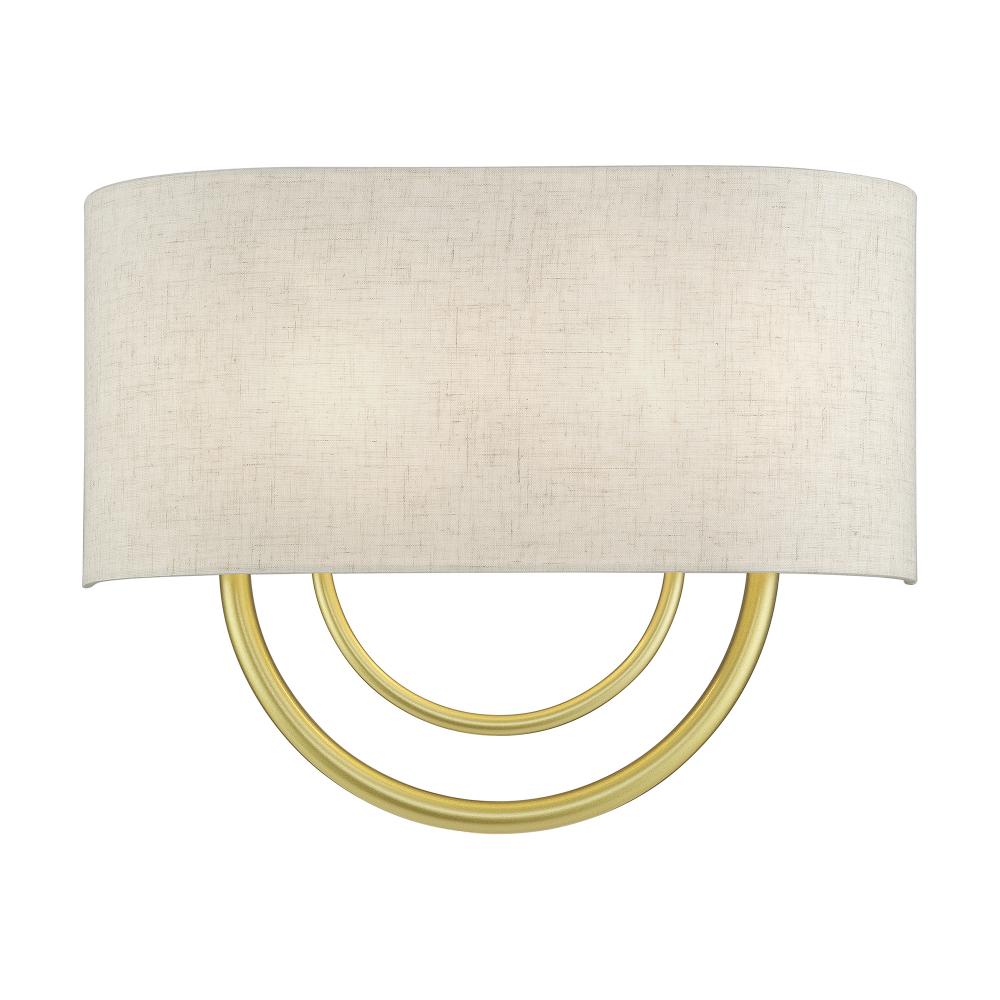 2 Light Soft Gold Large ADA Sconce with Hand Crafted Oatmeal Fabric Shade with White Fabric Inside