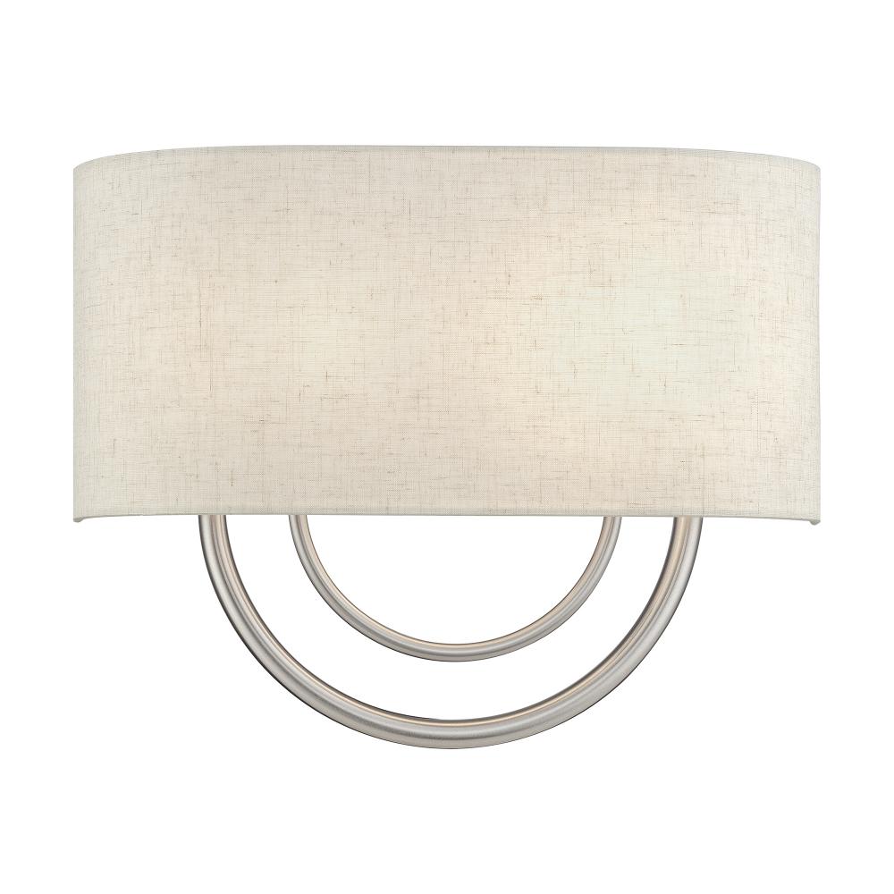 2 LT Brushed Nickel Large ADA Sconce with Hand Crafted Oatmeal Fabric Shade with White Fabric Inside