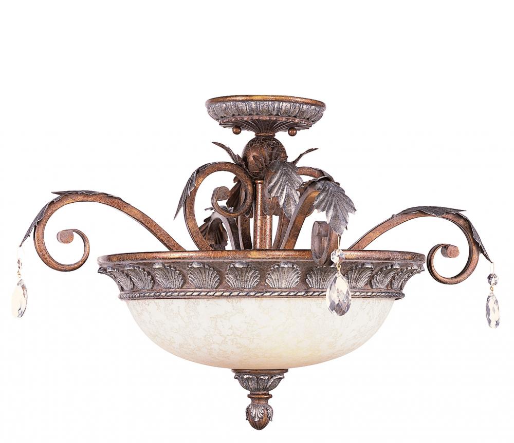 Three Light Crackled Bronze With Vintage Stone Accents Bowl Semi-Flush Mount