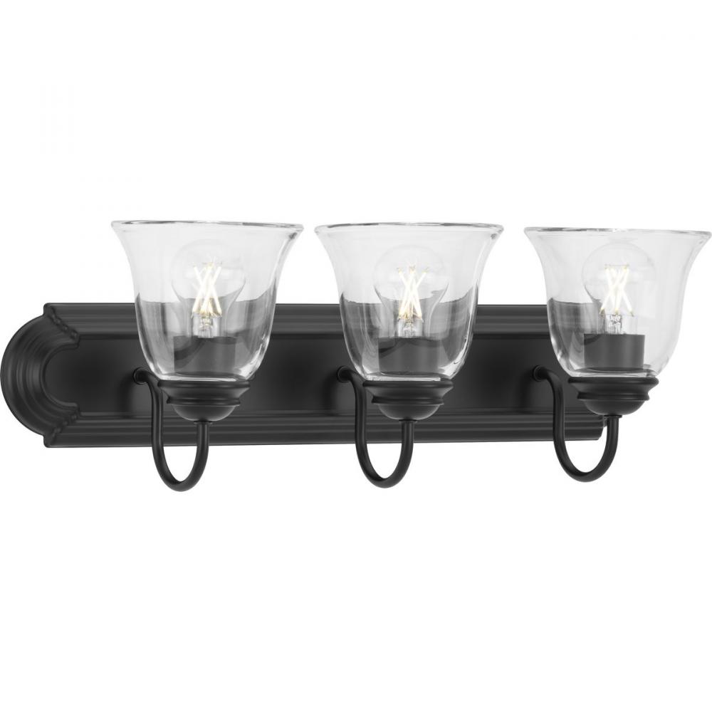 Three-Light Matte Black Transitional Bath and Vanity Light with Clear Glass for Bathroom