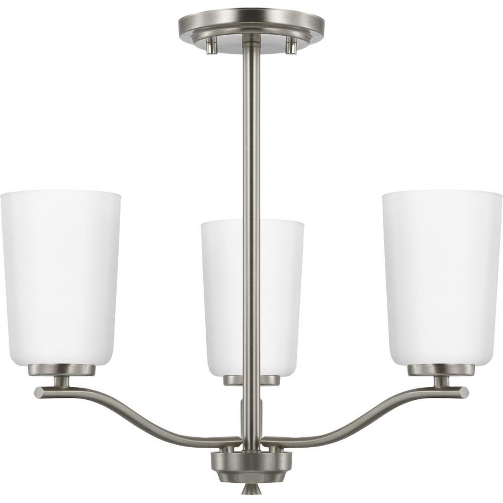 Adley Collection Three-Light Brushed Nickel Etched White Opal Glass New Traditional Semi-Flush Conve