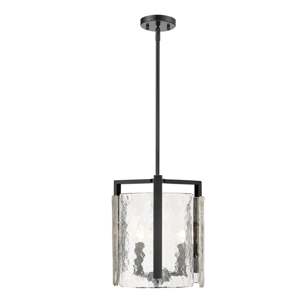 Aenon 3 Light Pendant in Matte Black with Hammered Water Glass Shade
