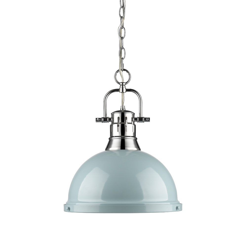 Duncan 1 Light Pendant with Chain in Chrome with a Seafoam Shade