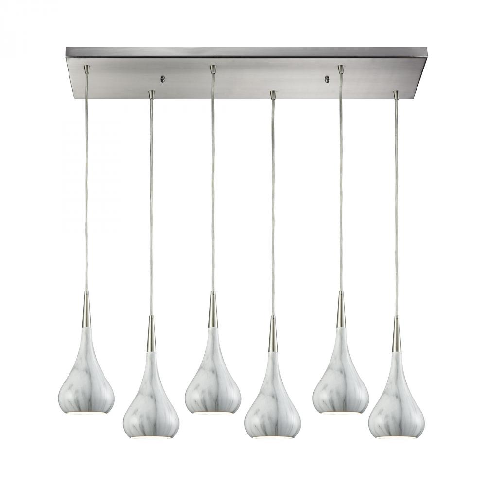 Lindsey 6-Light Rectangular Pendant Fixture in Satin Nickel with Marble Print on Metal Shades