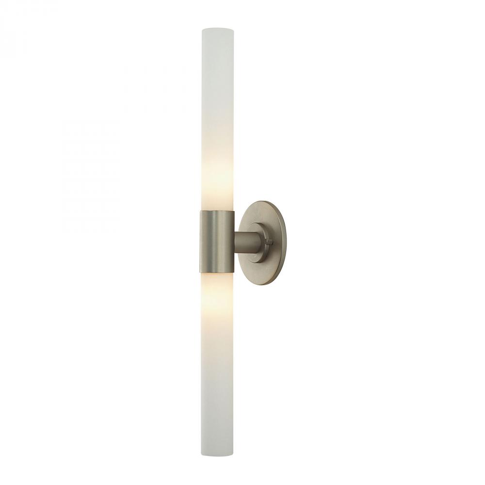 Long Cylinder 2-Light Vanity Lamp in Matte Satin Nickel with White Opal Glass